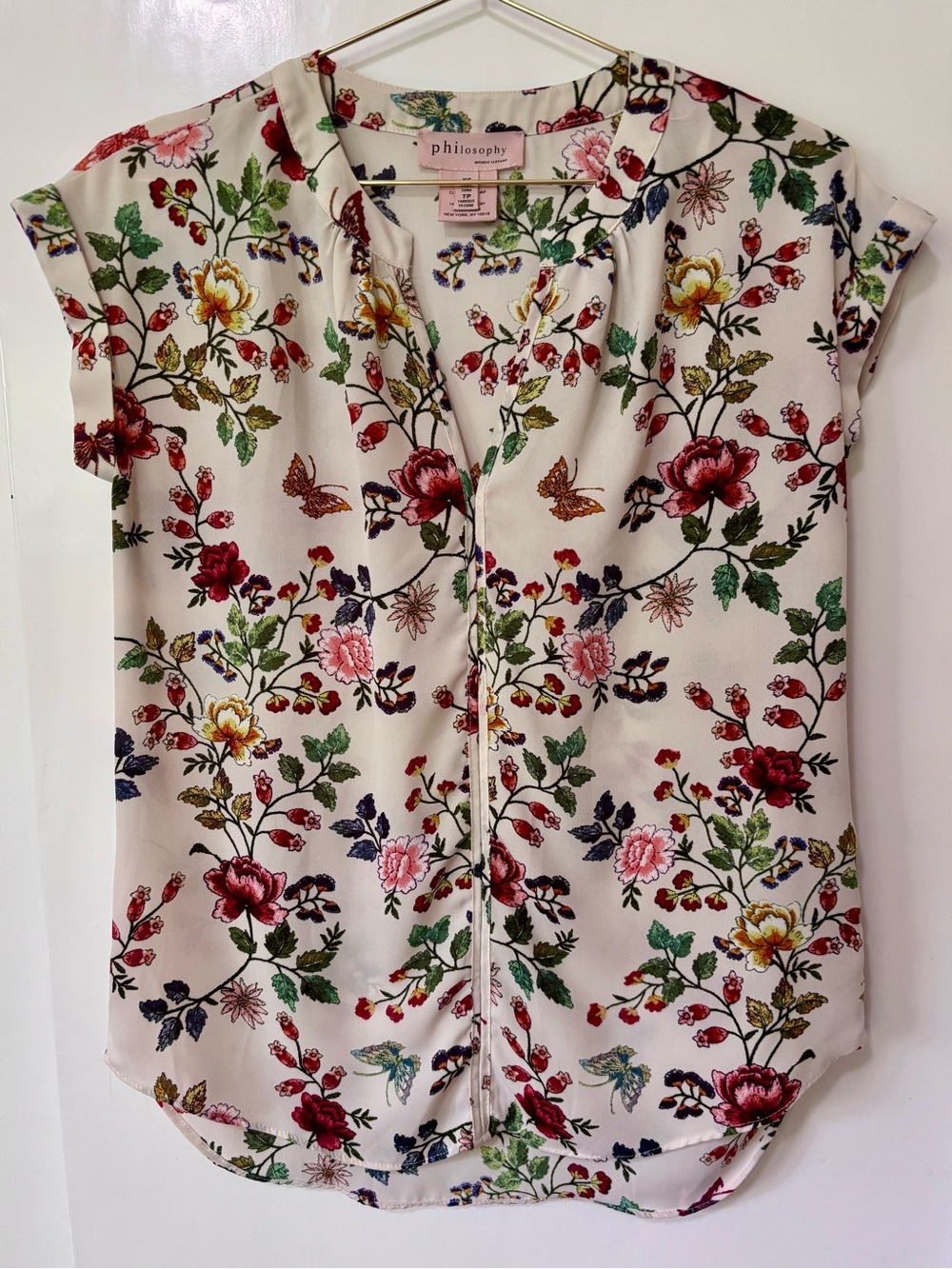 philosophy| Bream & Pink Floral Cap-Sleeve Lightweight V-Neck Blouse Sz XS